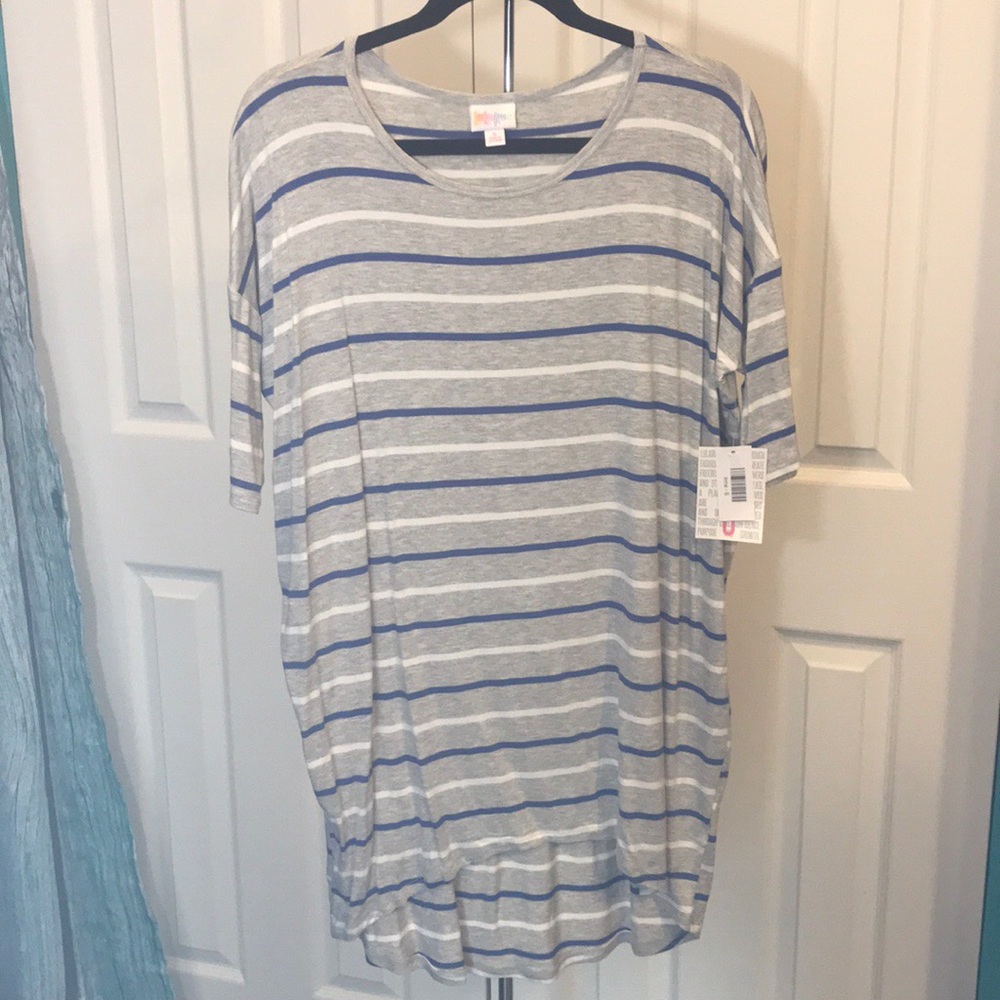 LuLaRoe Irma small heather gray w/ blue & white
